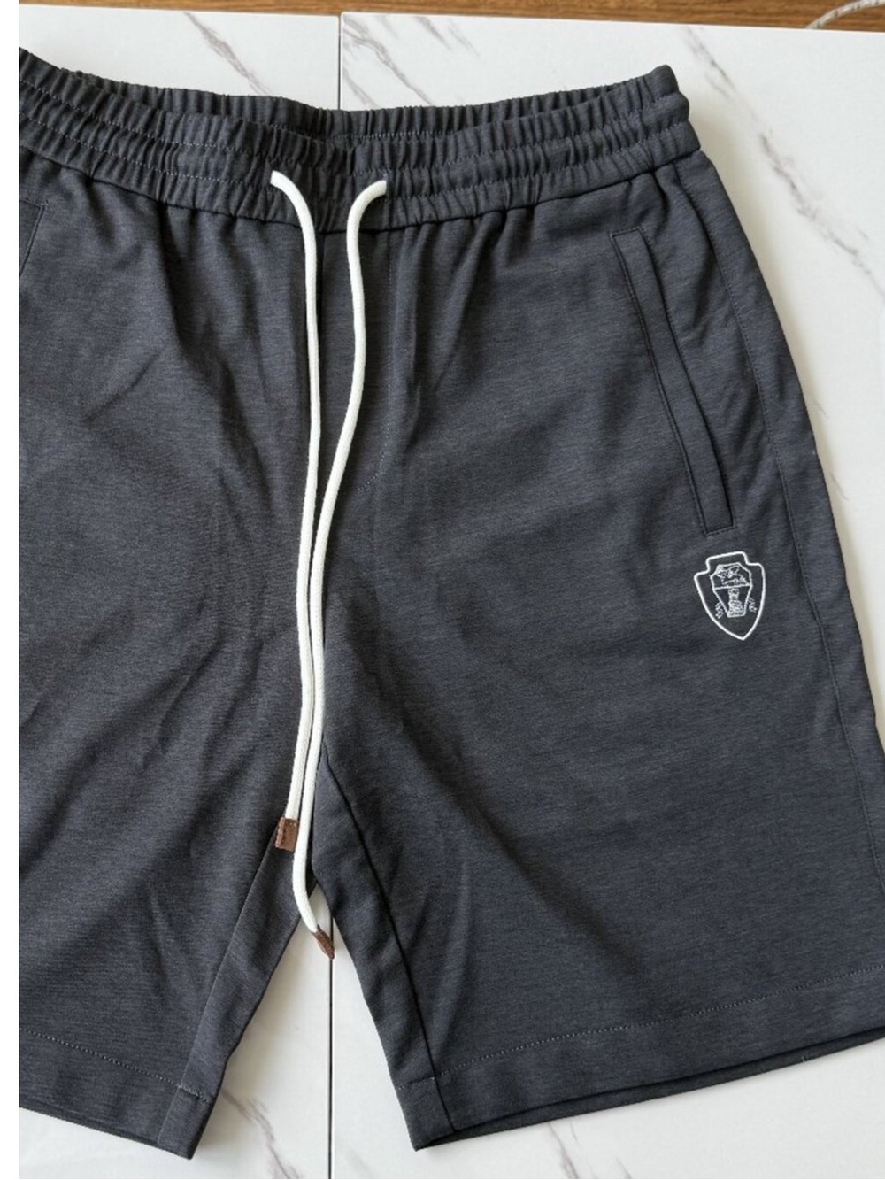 Brunello Cucinelli Charcoal Drawstring Athletic Shorts with Crest